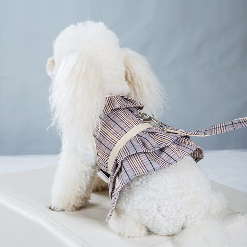 Dog Plaid Dresses Puppy Skirt with Leash