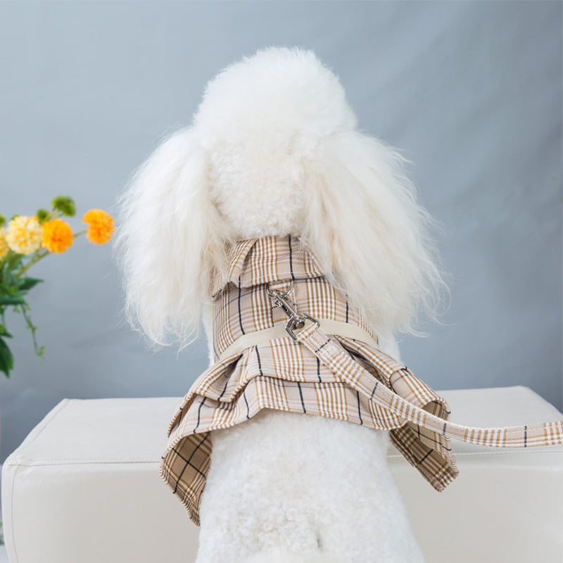 Dog Plaid Dresses Puppy Skirt with Leash