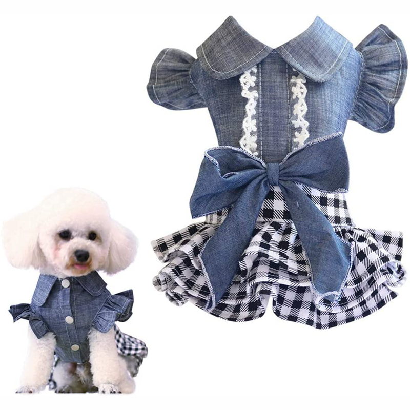 Denim Dress for Girls Dog Cat with Puff Sleeve Bowknot