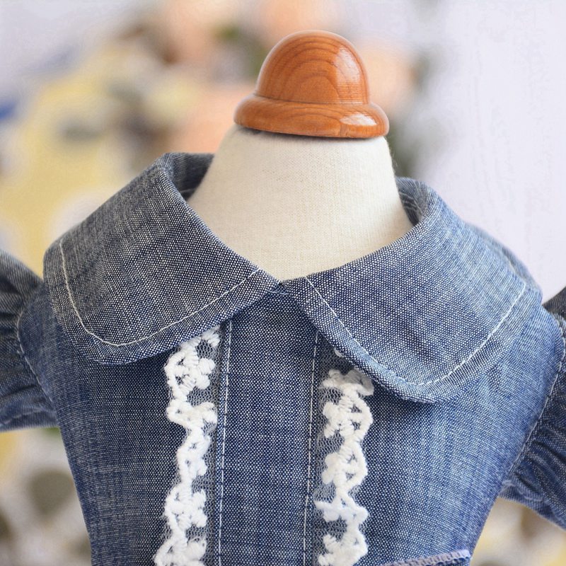 Denim Dress for Girls Dog Cat with Puff Sleeve Bowknot
