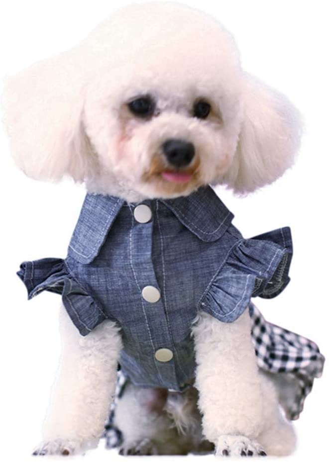 Denim Dress for Girls Dog Cat with Puff Sleeve Bowknot
