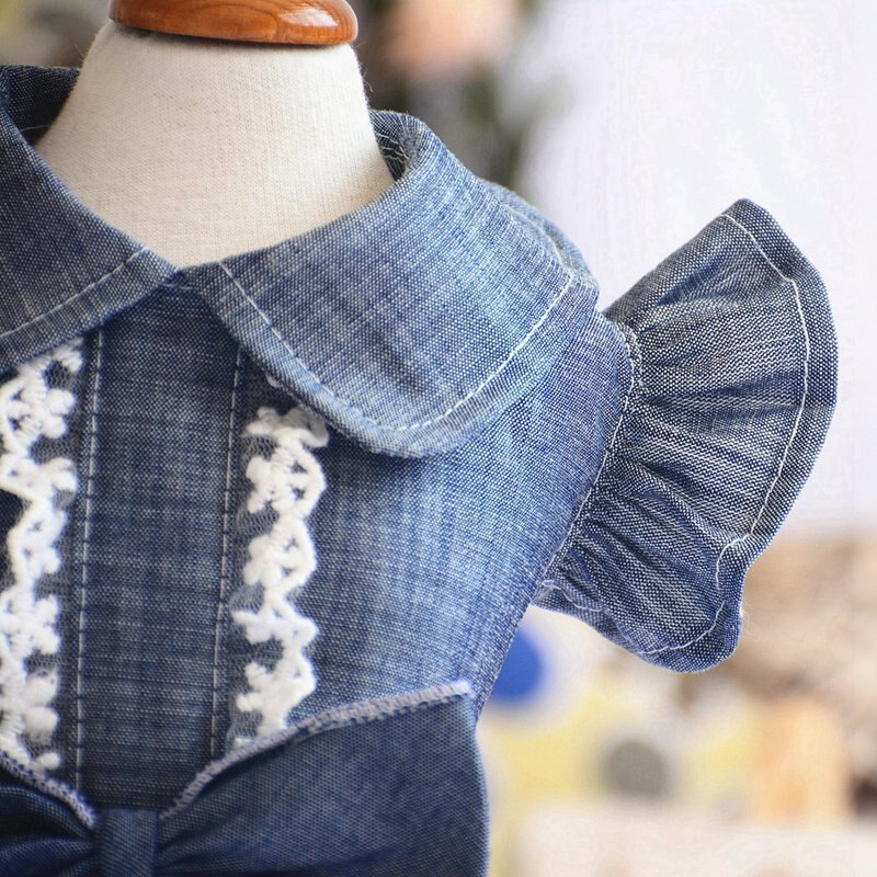Denim Dress for Girls Dog Cat with Puff Sleeve Bowknot
