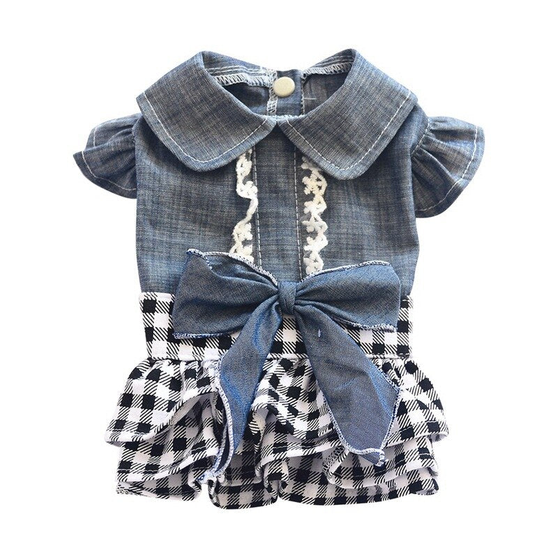 Denim Dress for Girls Dog Cat with Puff Sleeve Bowknot