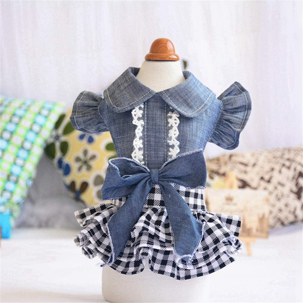 Denim Dress for Girls Dog Cat with Puff Sleeve Bowknot
