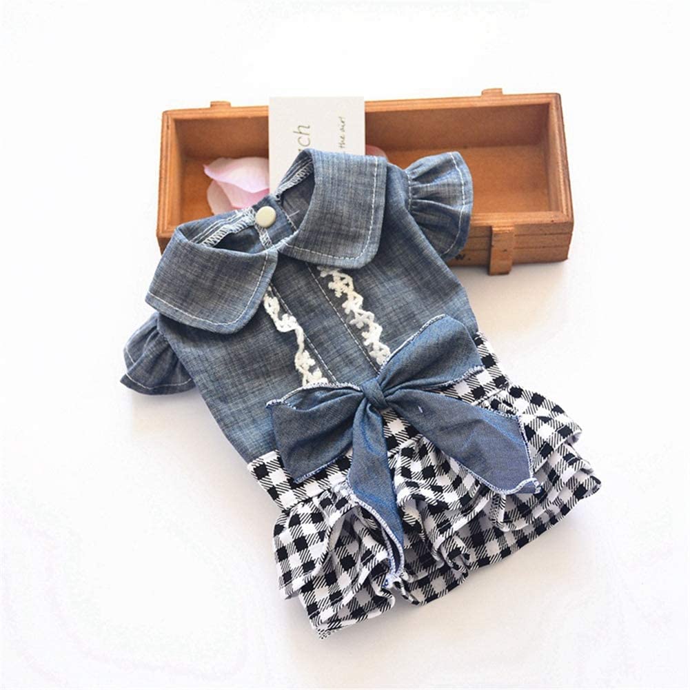Denim Dress for Girls Dog Cat with Puff Sleeve Bowknot