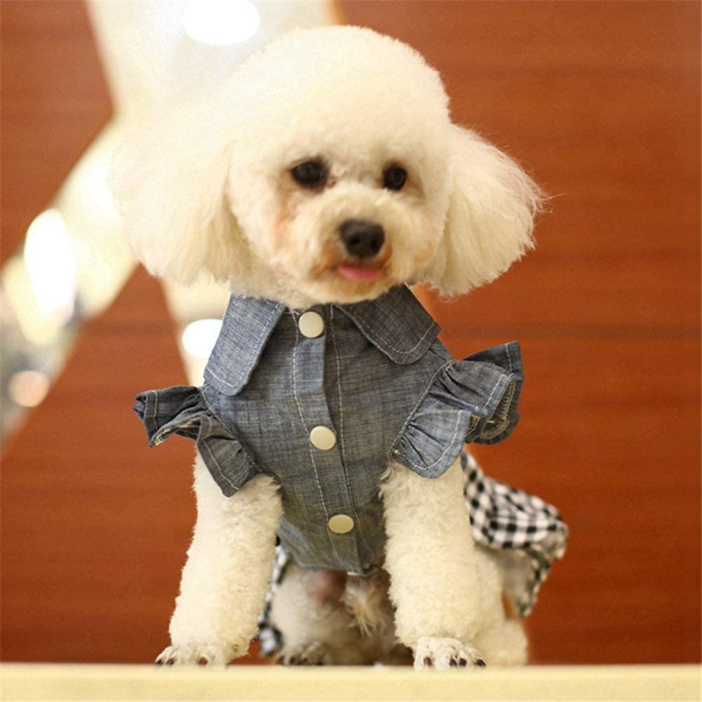 Denim Dress for Girls Dog Cat with Puff Sleeve Bowknot