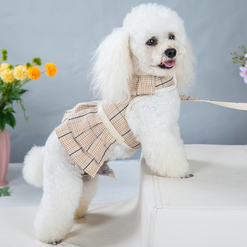 Dog Plaid Dresses Puppy Skirt with Leash