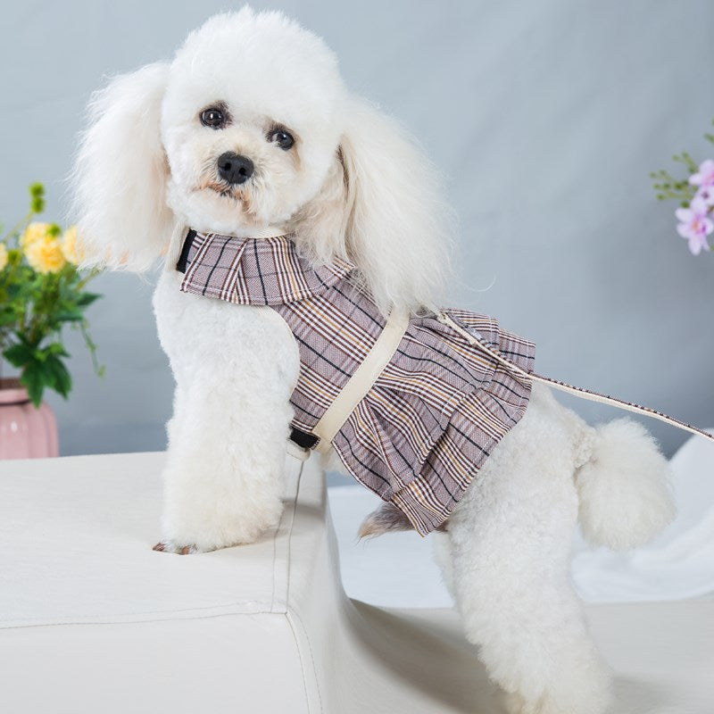 Dog Plaid Dresses Puppy Skirt with Leash